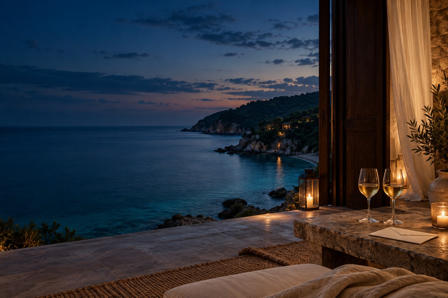 A candlelit coastal villa overlooking a tranquil bay at dusk